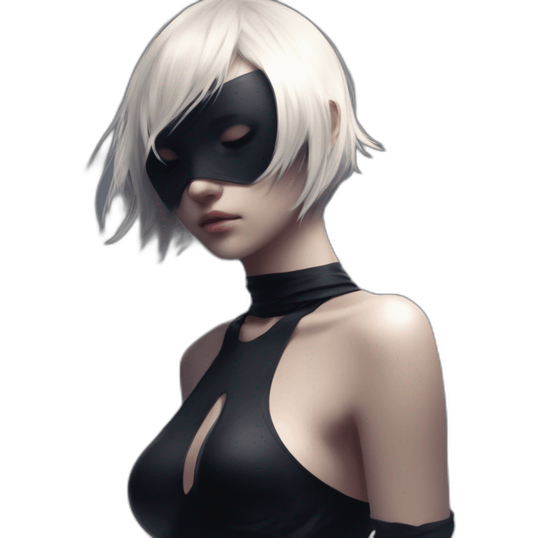 nier automata 2b, blindfold, david bellemere, Bare belly, Choker, Bathed in shadows, FOV 90 degrees, short lighting, L USM, Cold Colors, gilded technique, extremely hyper aesthetic, absurdres emoji