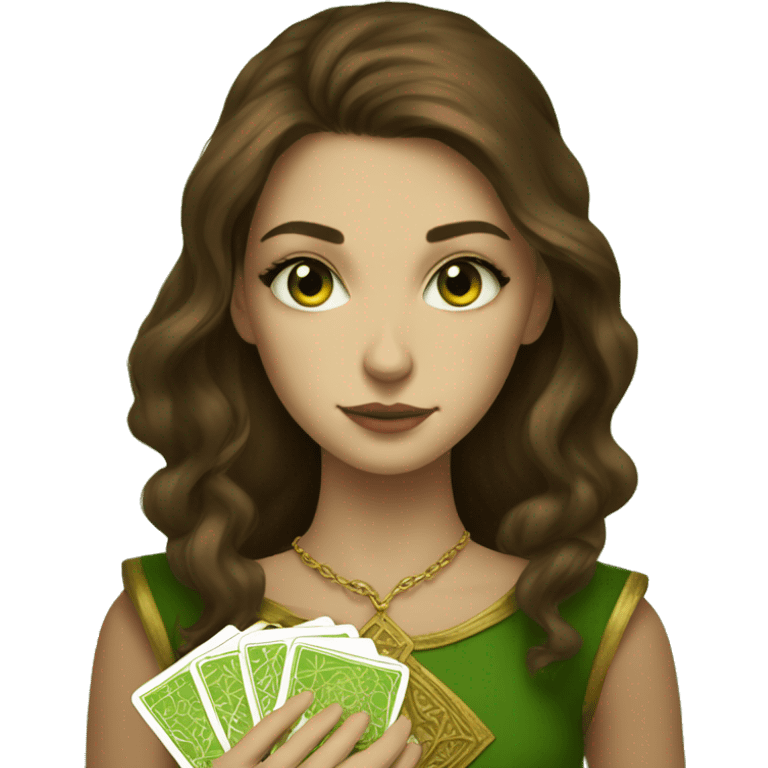 Brown hair beautiful girl green eyes with brown tarot gold cards emoji