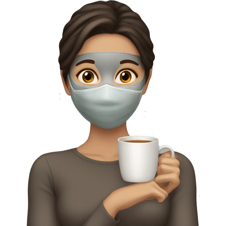 a brunette girl with a face mask and a cup of tea emoji