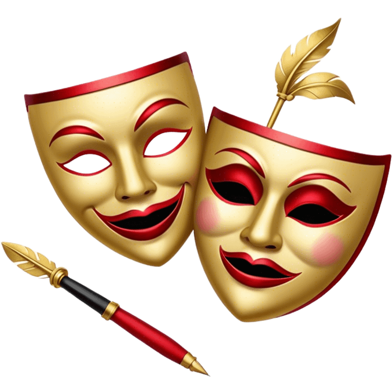 Create a bold and dramatic emoji representing the art of playwriting. The design should feature an open script or a theater playbook, with stylized text lines or dramatic dialogue inside. Include elements like a theatrical comedy and tragedy masks, a stage spotlight, or a quill to symbolize creativity and performance. Use deep, contrasting colors like red, black, and gold to evoke the intensity and passion of drama. The overall design should feel dramatic, inspiring, and artistic. Make the background transparent. emoji