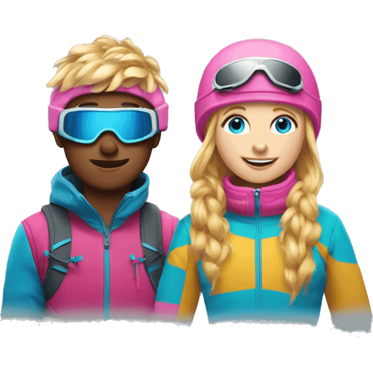 Skier boy with ginger scruff and Skier girl with blonde hair and pink gear blue eyes  emoji