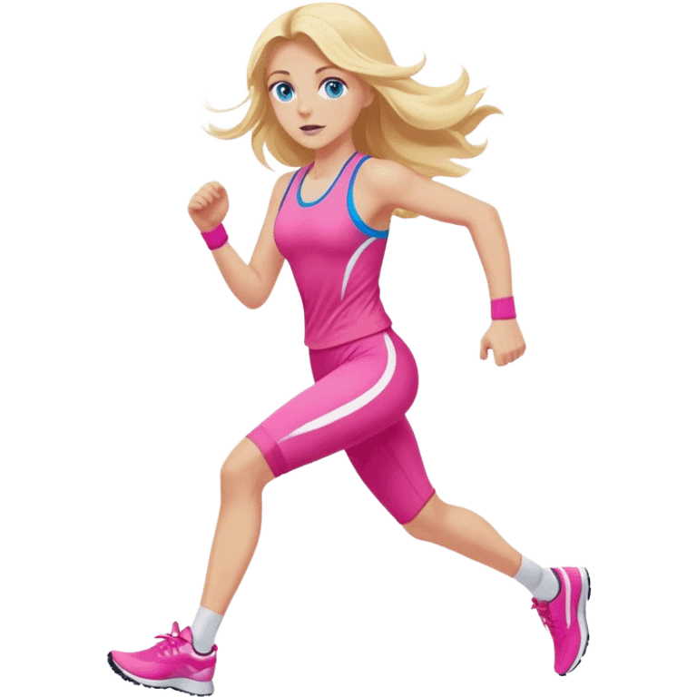 A cinematic realistic blonde with long hair and blue eyes, dressed in a pink sports outfit, runs emoji