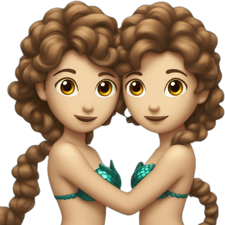 Two brown haired mermaids with their tails formed into a heart emoji