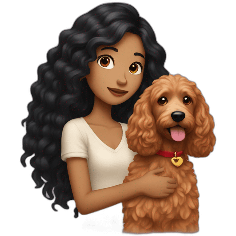 Girl with long black hair holding red goldendoodle emoji