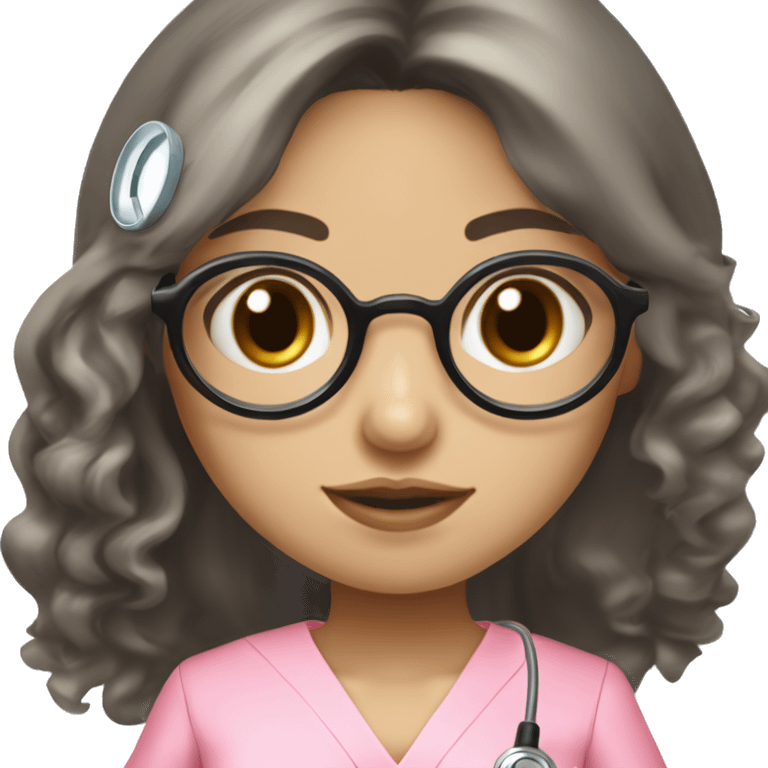 PrettyAian girl (beige white skin tone and big eyes) with circle silver glasses, hair bang and wavy long black hair , wearing a pink nurse uniform (scrub) with a stethoscope emoji