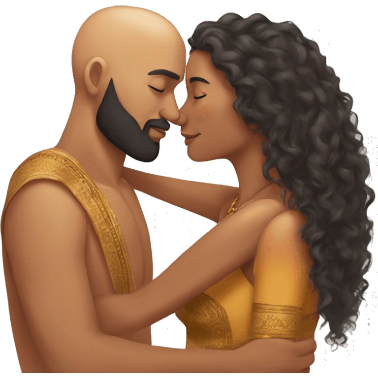 A indian race man with shaved head but beard kissing a indian woman with long curly hair short, Who embrace each other tenderly emoji