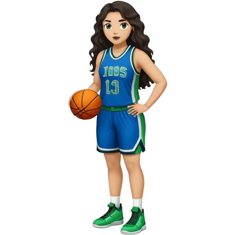 Full Body light skin Latino plus size women basketball player with long wavy dark hair  wearing blue and green uniform emoji