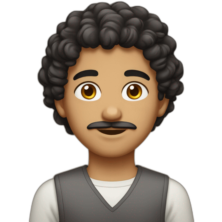 arab boy with curly black-brown hair, uni-brow, faded mustache, and brown eyes emoji