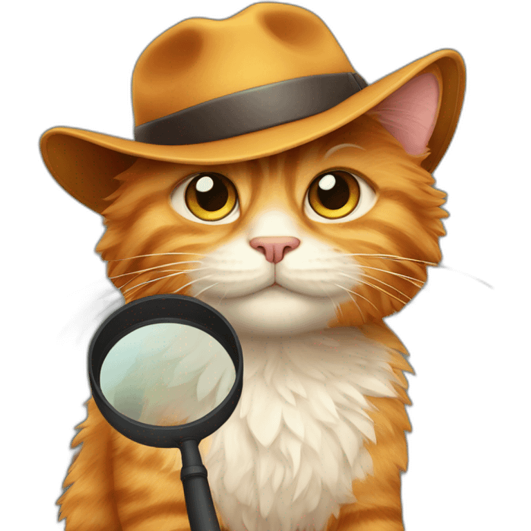 Fluffy ginger cat with a detective's hat and magnifying glass emoji