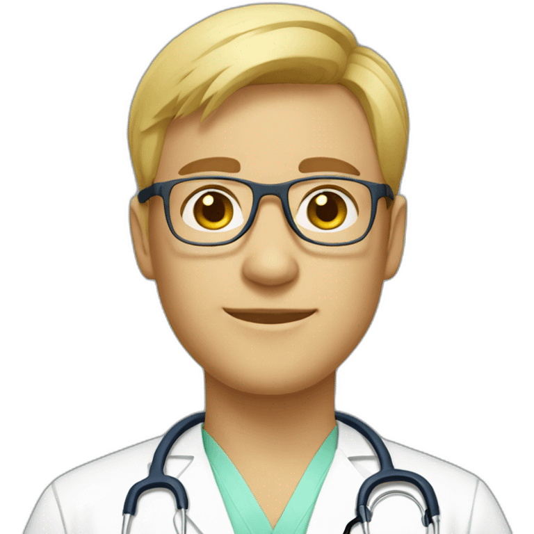 male doctor with short blond hair, clear yellow glasses, and scrubs profile pic emoji