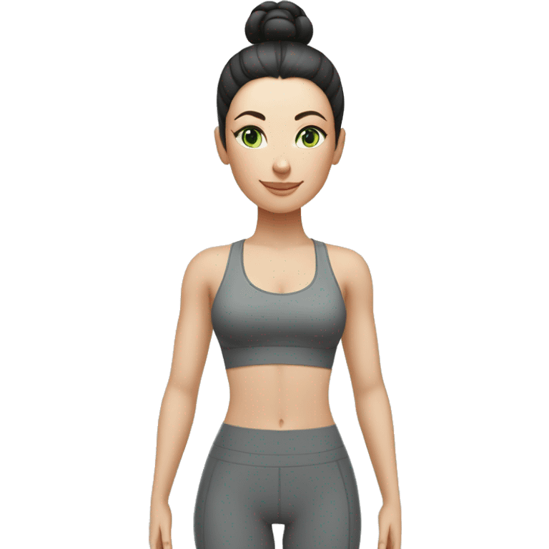 Pale skinned fit woman In a gray tight yoga suit and wristbands With ash black hair in a bun and green eyes doing yoga emoji