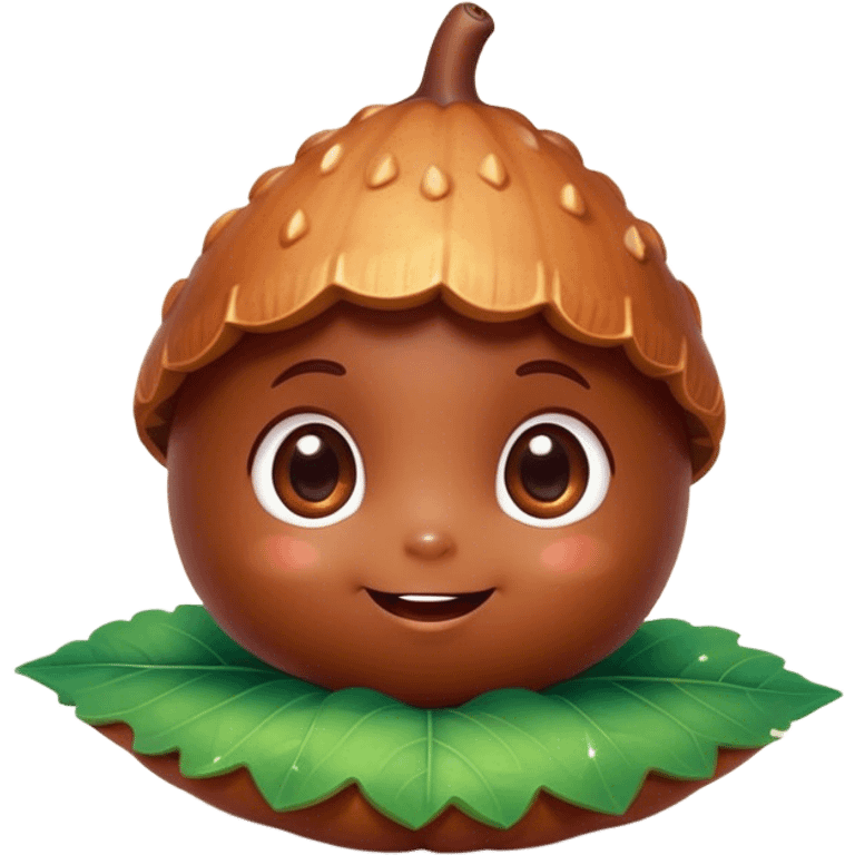 Cinematic tiny happy acorn, glossy brown, soft glowing highlights, tiny adorable face with big sparkly eyes, sitting on a pastel leaf, warm and cheerful. emoji