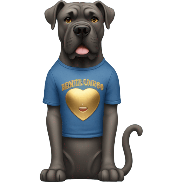 A Cane Corso in blue jeans and gold tee shirt standing upright singing into a microphone. emoji