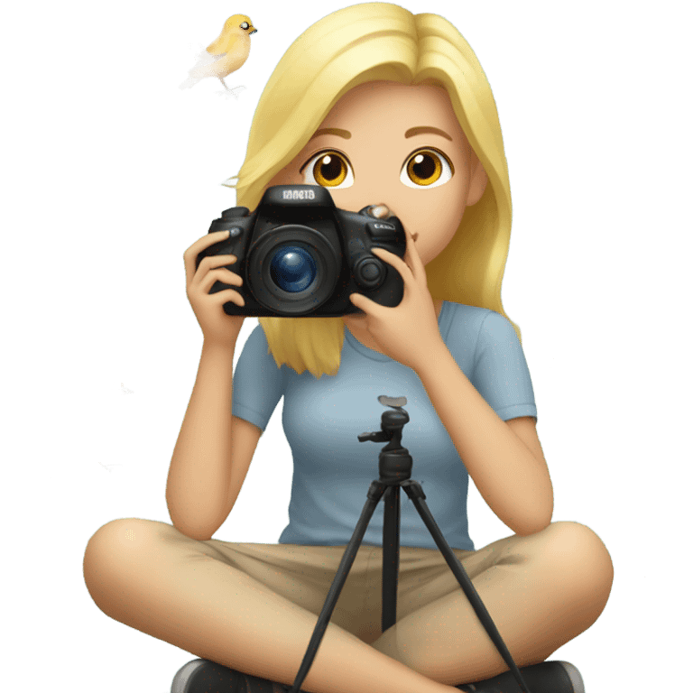 Blonde Girl sitting down with camera taking pictures of birds emoji