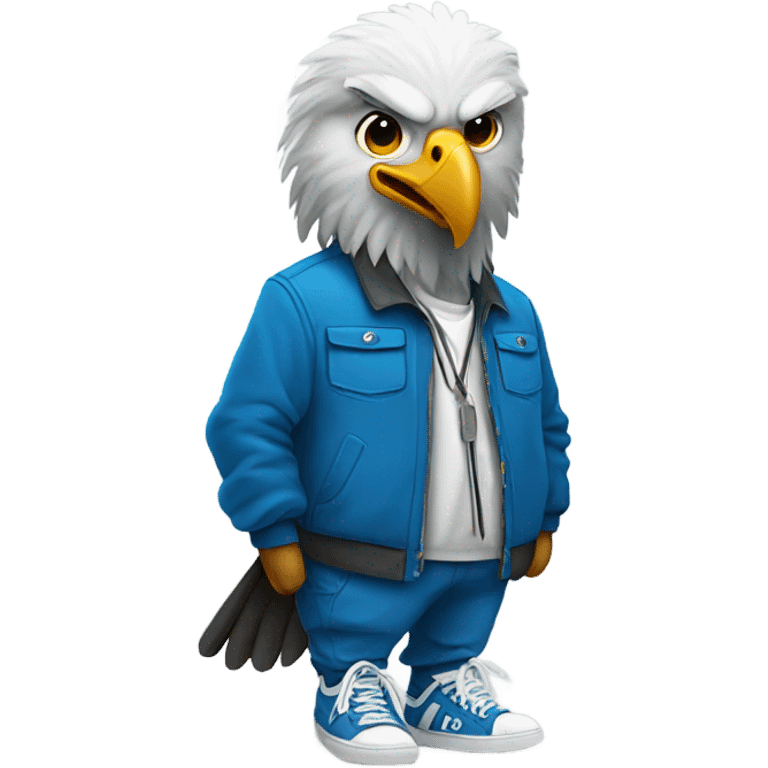 An eagle wearing a blue jacket with sneakers emoji