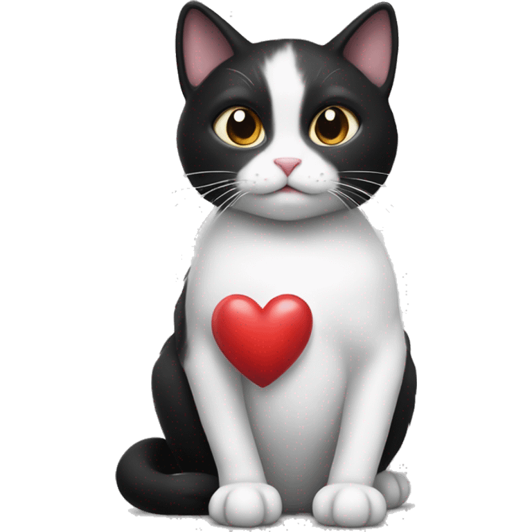 Realistic Black and white cat holding a heart emoji