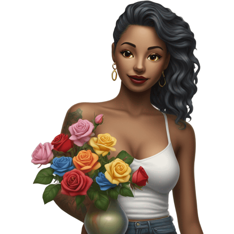 Hyper Realistic beautiful woman model with a small rose tattoo arranging flowers in a vase emoji