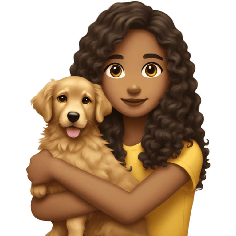 Tan skinned teenage girl with dark brown long curly hair hugging a golden retriever puppy emoji