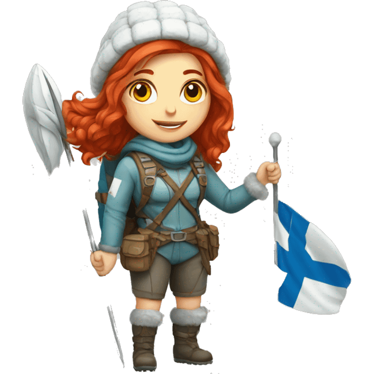 female winter mountaineer red hair holding greek flag and easter egg emoji