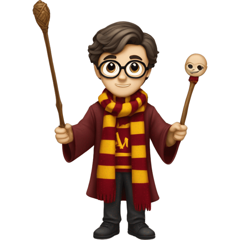 Harry Potter in griffindor scarf with magic wand emoji