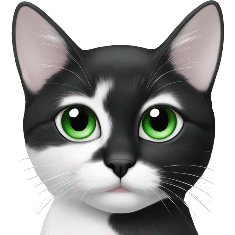 Black and white cat with black dot on nose and green eyes emoji