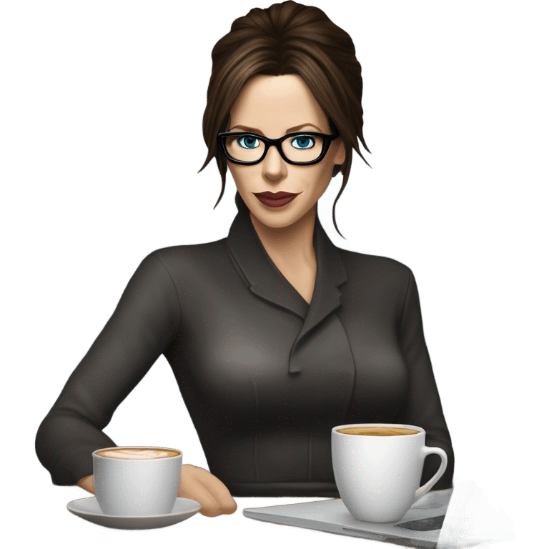 Hyper Realistic Kate Beckinsale dark blue eyes wearing glasses drinking coffee at a laptop  emoji