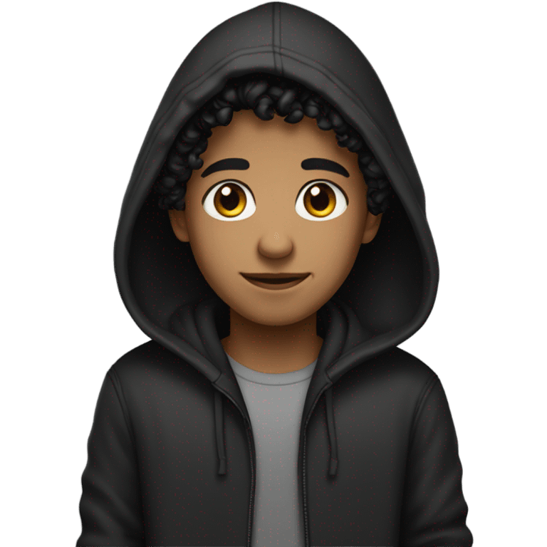 a young male with medium skin and curly black hair, wearing a black hoodie emoji