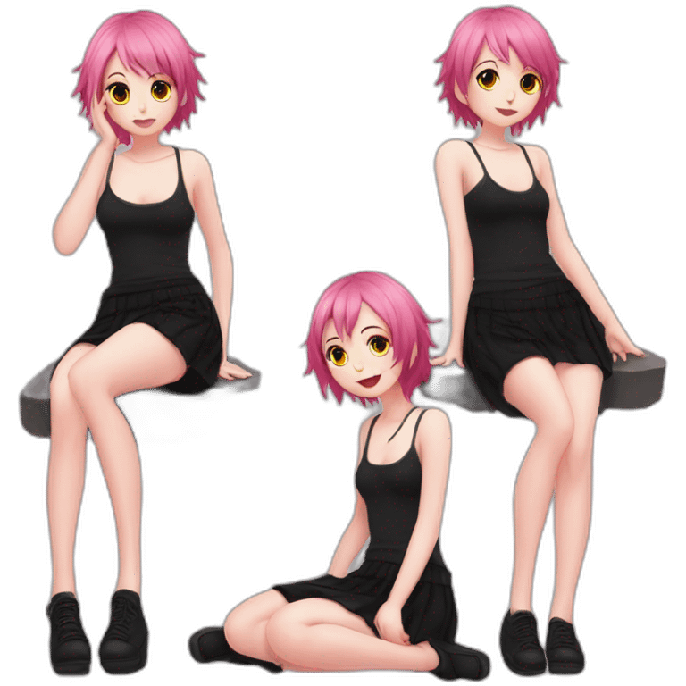 Full body Front view curvy emo girl pink hair sits on the floor straight view hands up black skirt полосатые рваные чулки emoji