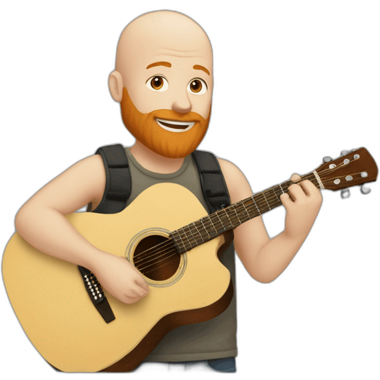 white bald guy with ginger beard playing acoustic guitar w emoji