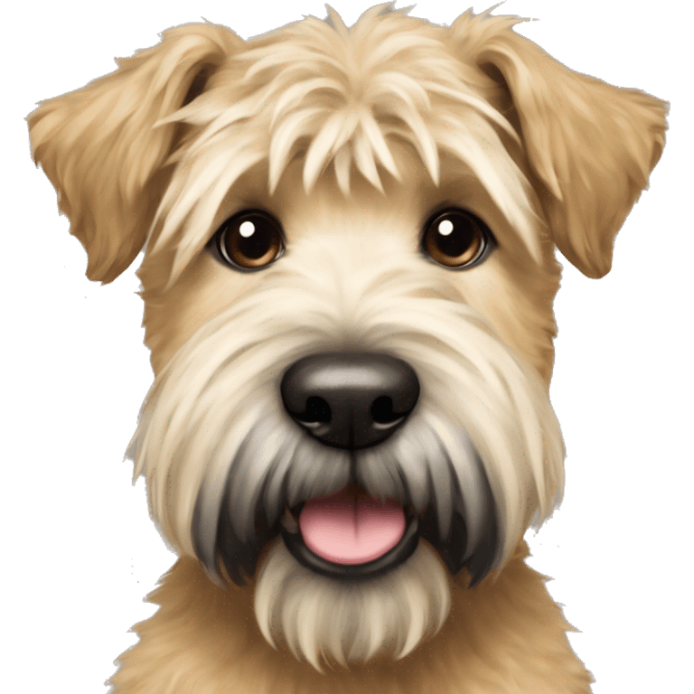 Wheaten terrier with a fluffy puppy haircut and black ears and chin emoji