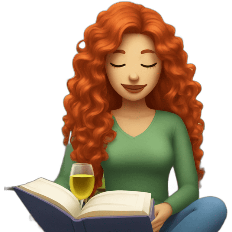 woman with long curly red hair reading a book with a glass of wine in a park emoji