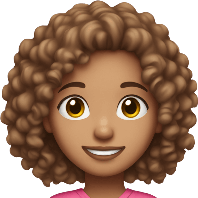 Light skin girl with brown curly hair, brown eyes and a pink outfit smiling emoji