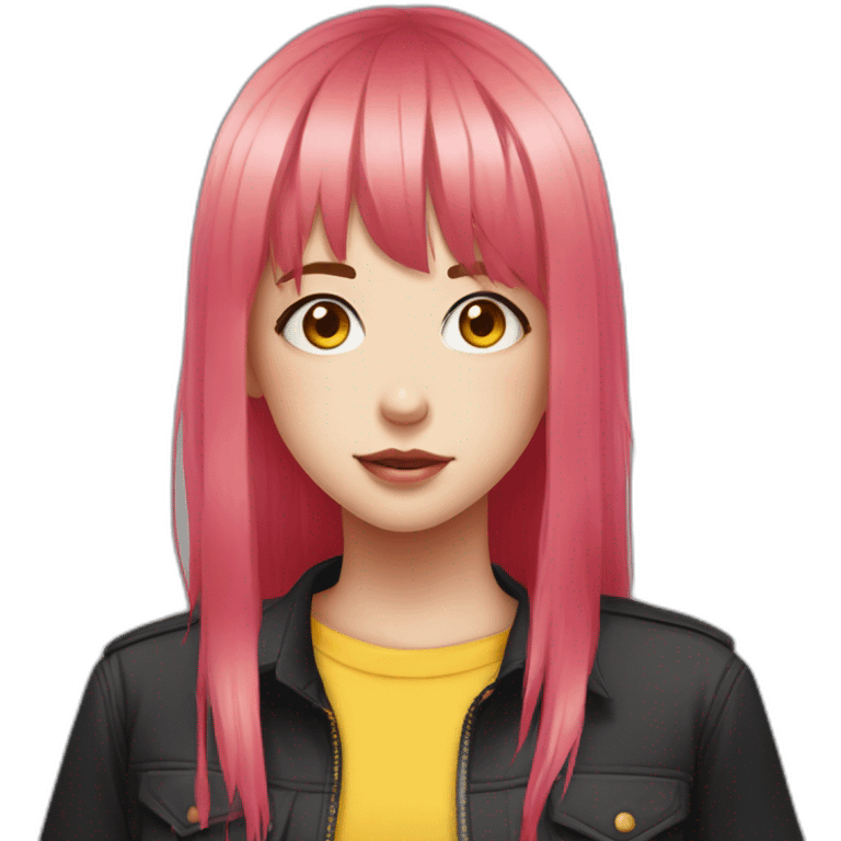 (gril) makima from the manga chainsawman with pink/red hair fringe, yellow eyes with a circle inside and a black shirt emoji