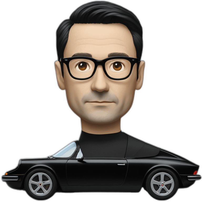 Hyper realistic Ralf Hutter from Kraftwerk, short straight black hair, black glasses, thin, side view, riding open top black tesla model 3 emoji