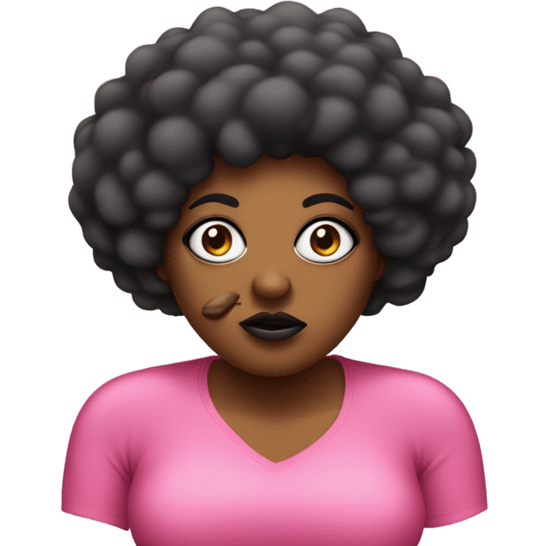 Mad fat black women with a pink shirt that has a big eye ball on her right eye with a long pointy nose with a black short Afro with big lips emoji