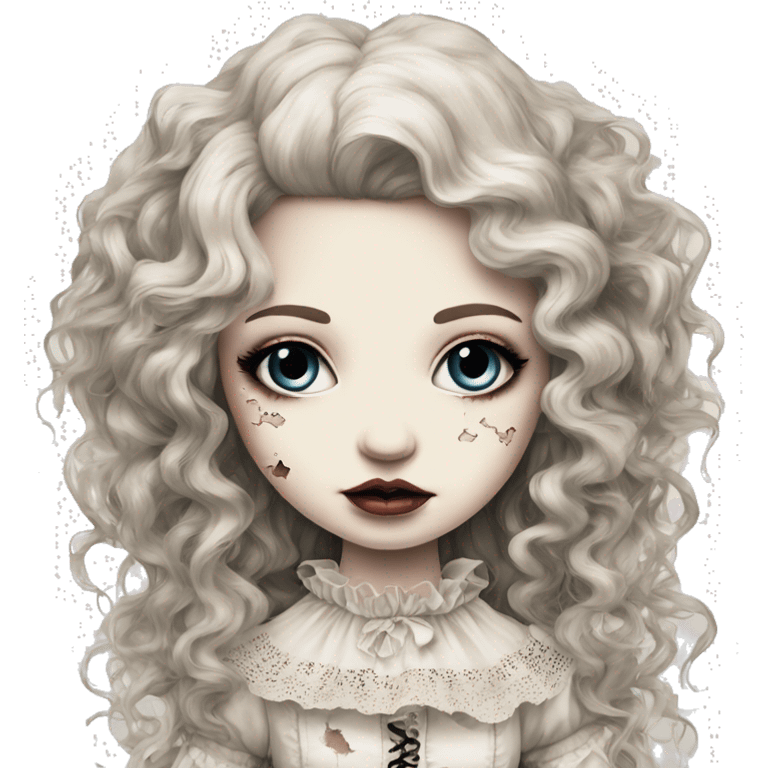 porcelain doll with a cracked face, long hair, lace and ruffles, lolita style, inked emoji