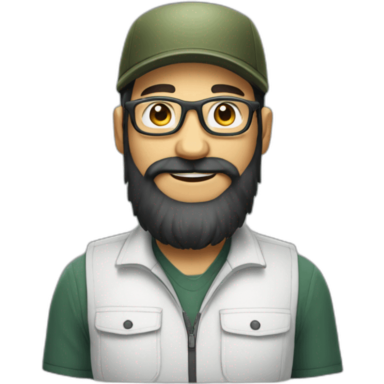 full body of an happy gardener face long dark beard and short dark hair with little transparent glasses and a army cap emoji