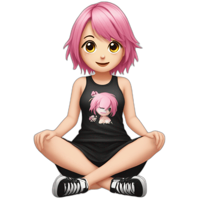 Full body Front view curvy emo girl pink hair sits on the floor straight view hands up black skirt белые трусики emoji