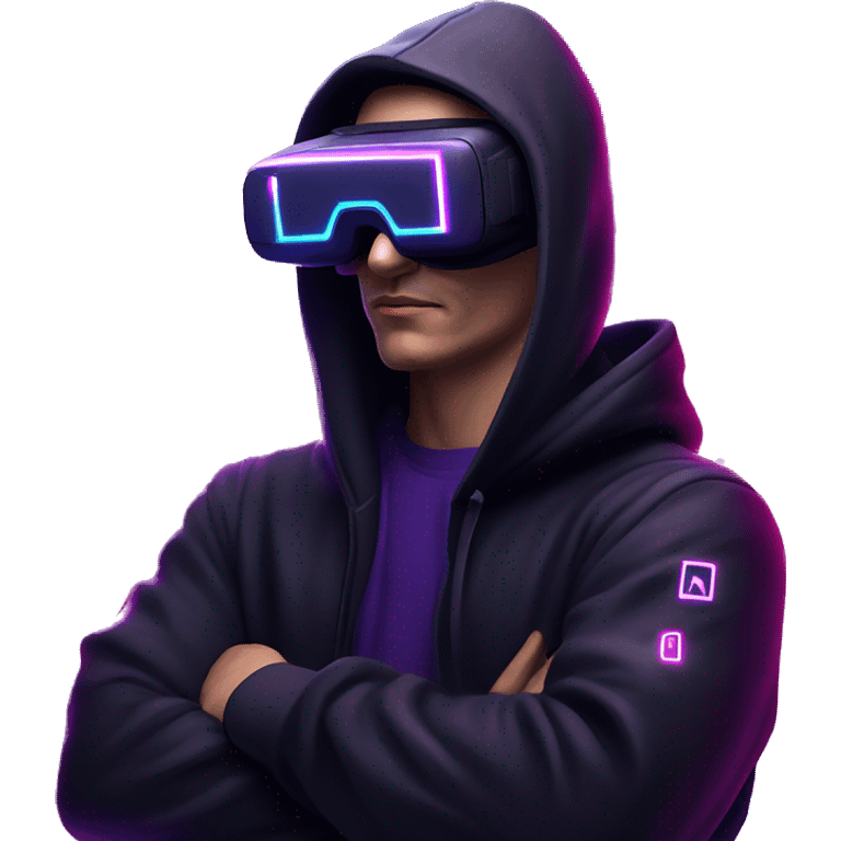 Russian man wearing a black hoodie with "OMG" letters on it and VR headset in a cyberpunk VR environment with violet neon lighting. emoji