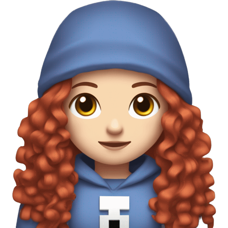 a white girl with long red curly hair, wearing periwinkle Minecraft hoodie holding a controller emoji