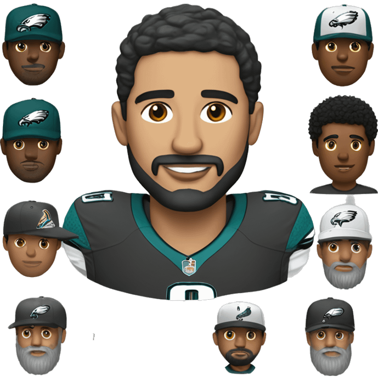 Hispanic man freckles black hair bark grey beard Philly eagles jersey and cap  emoji