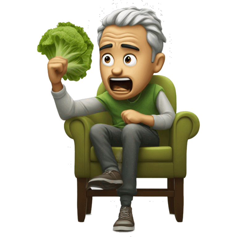 a man who is very mad with a piece of lettuc sticking out of his mouth. he is sitting in a chair and points to a boy who kicked his chair emoji