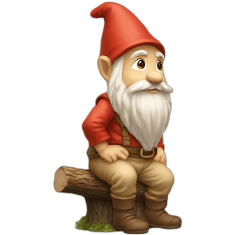 side view of gnome with light tan pants squatting on top of tiny brown log emoji