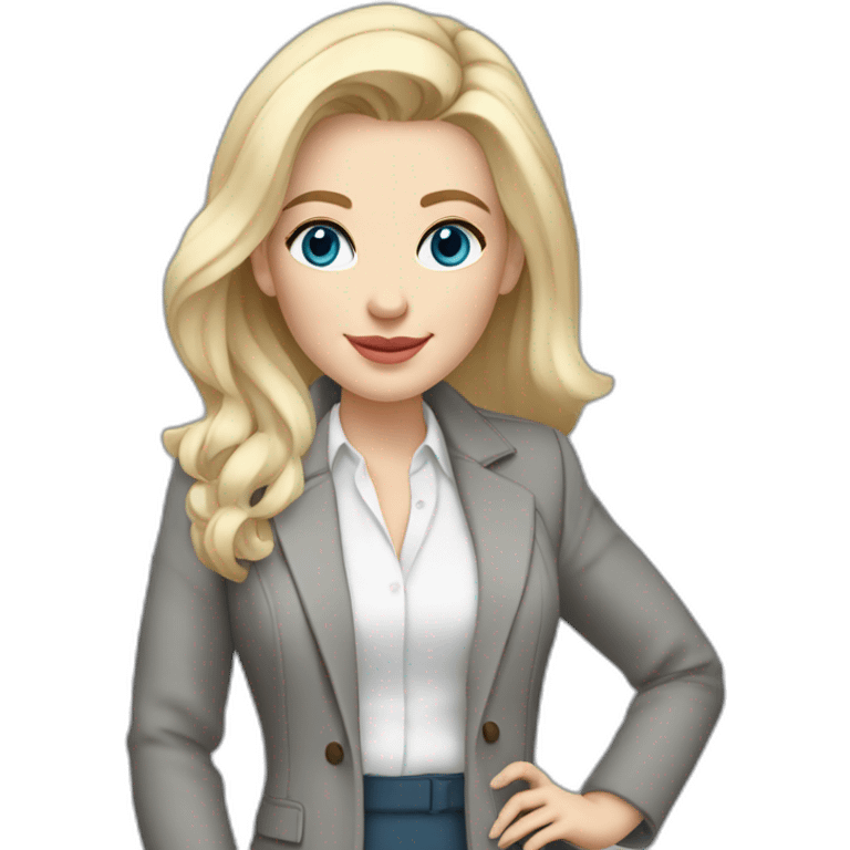 pale skin woman interior designer with cold blonde middle length hair, blue eyes, White blouse, Gray oversize jacket, Gray skirt holding a color palette in the hands emoji