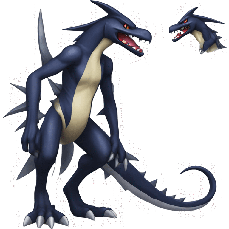 Black, Cool, Edgy, Garchomp-Nargacuga-Sergal Fakémon-Digimon with sharp edgy striking detailed stripe-markings,  full body emoji