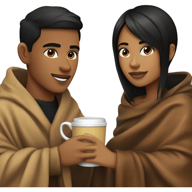 LIGHT BROWN SKIN BOY, with SHORT STRAIGHT BLACK HAIR and a TAN SKIN GIRL, with BLACK HAIR and BANGS, inside a blanket sipping coffee emoji