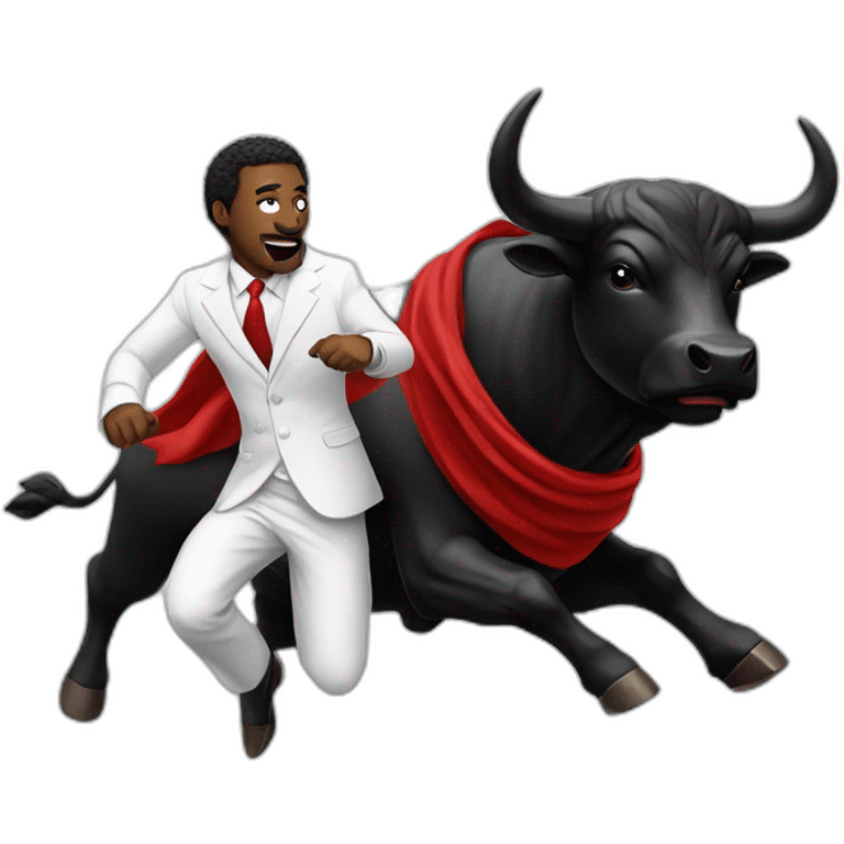 black bull chasing man in white suit with a red scarf emoji