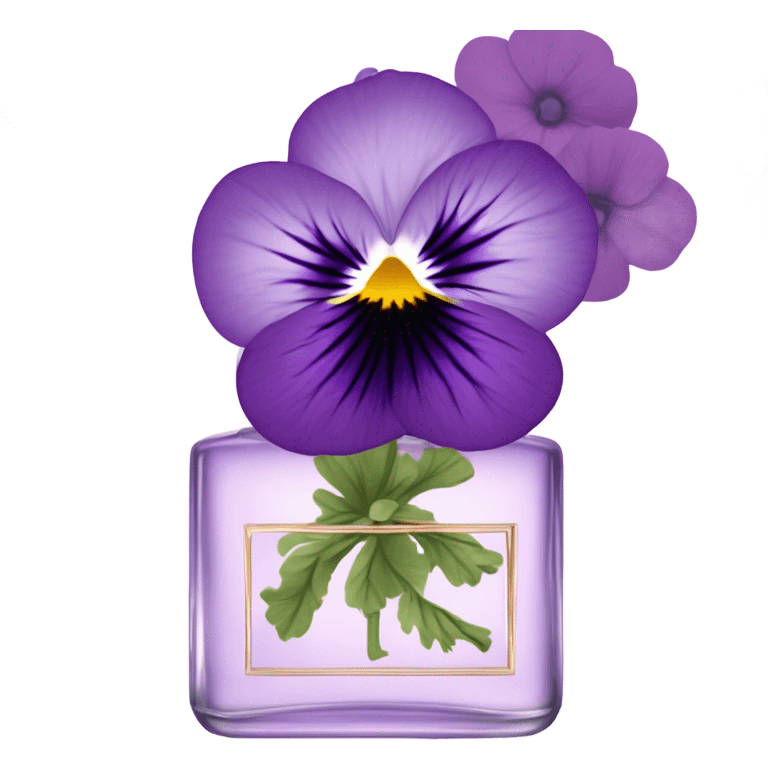 composition of aesthetically pleasing purple pansies, pastel pink daisies and a rosy vintage-style perfume bottle emoji