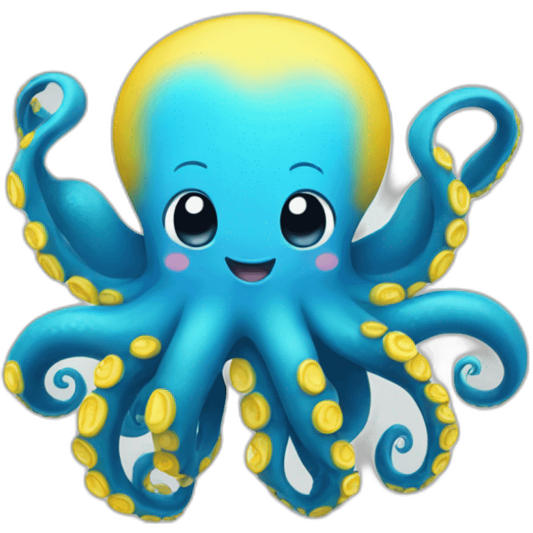 A blue cute octopus with a big smile with yellow under arms, blue coloured itself, Disney style emoji