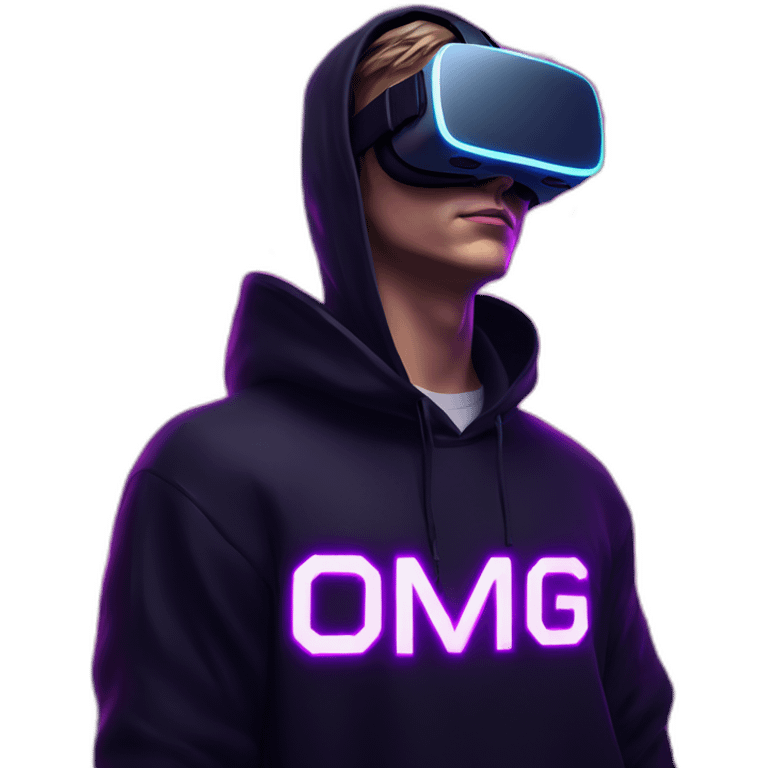 Russian young man wearing a black hoodie with "OMG" letters on it and VR headset in a cyberpunk VR environment with violet neon lighting. emoji